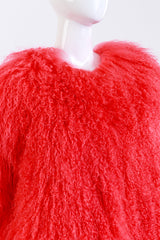 Coral Mongolian Fur Jacket front on mannequin closeup @recess la