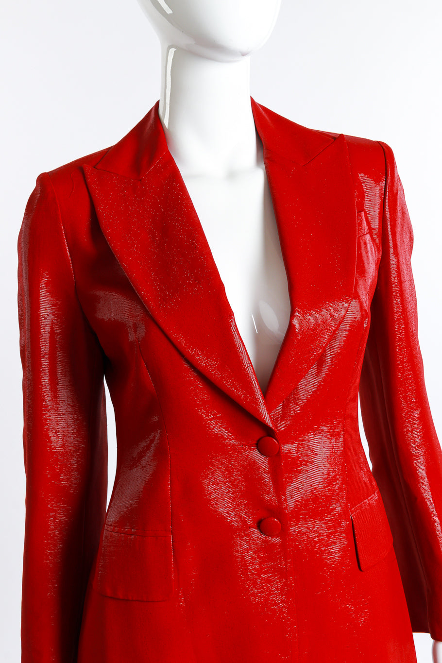 Vintage Plein Sud metallic tailored blazer and trouser suit close up of jacket on mannequin @Recess LA