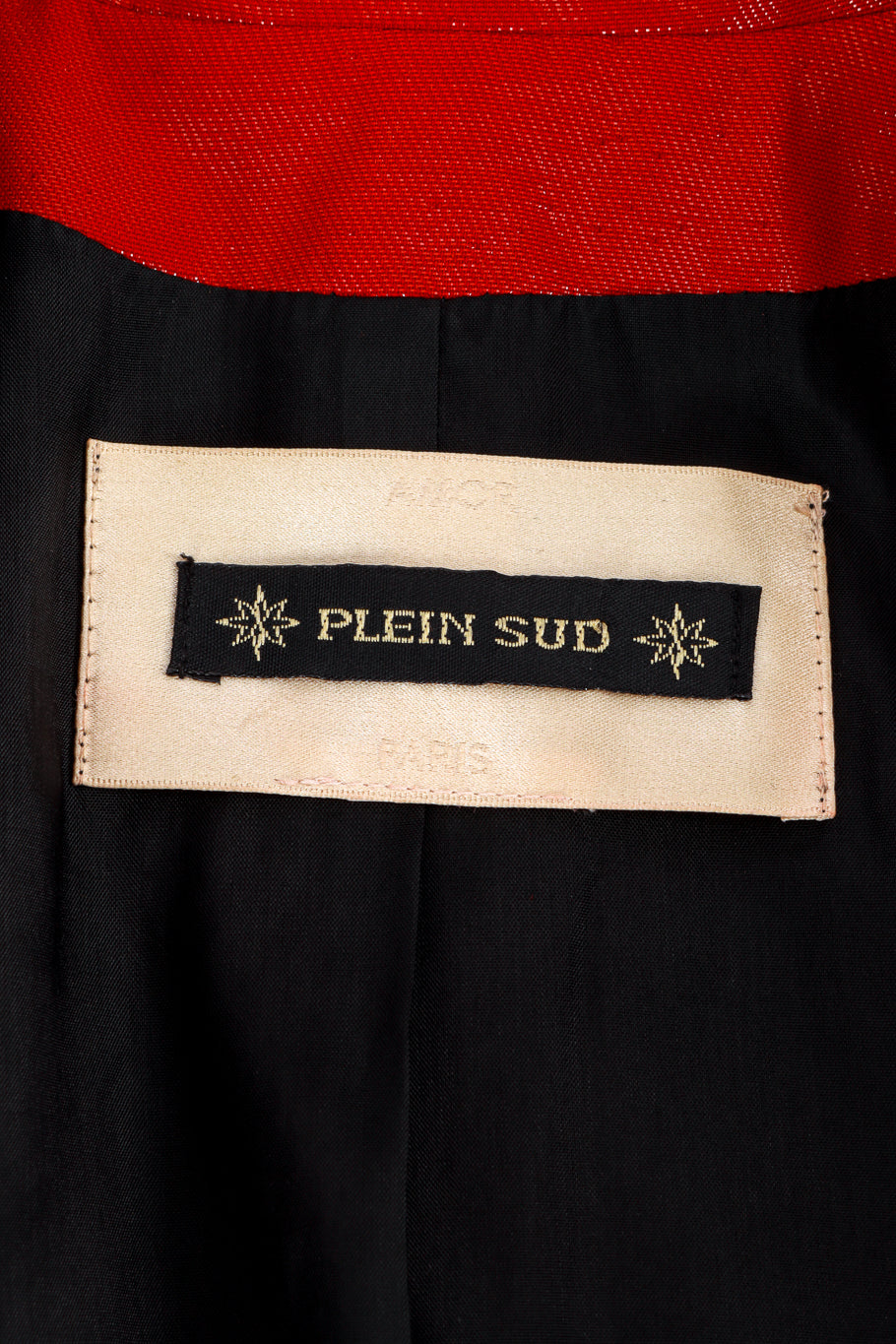 Vintage Plein Sud metallic tailored blazer and trousers closeup of label of jacket @Recess LA
