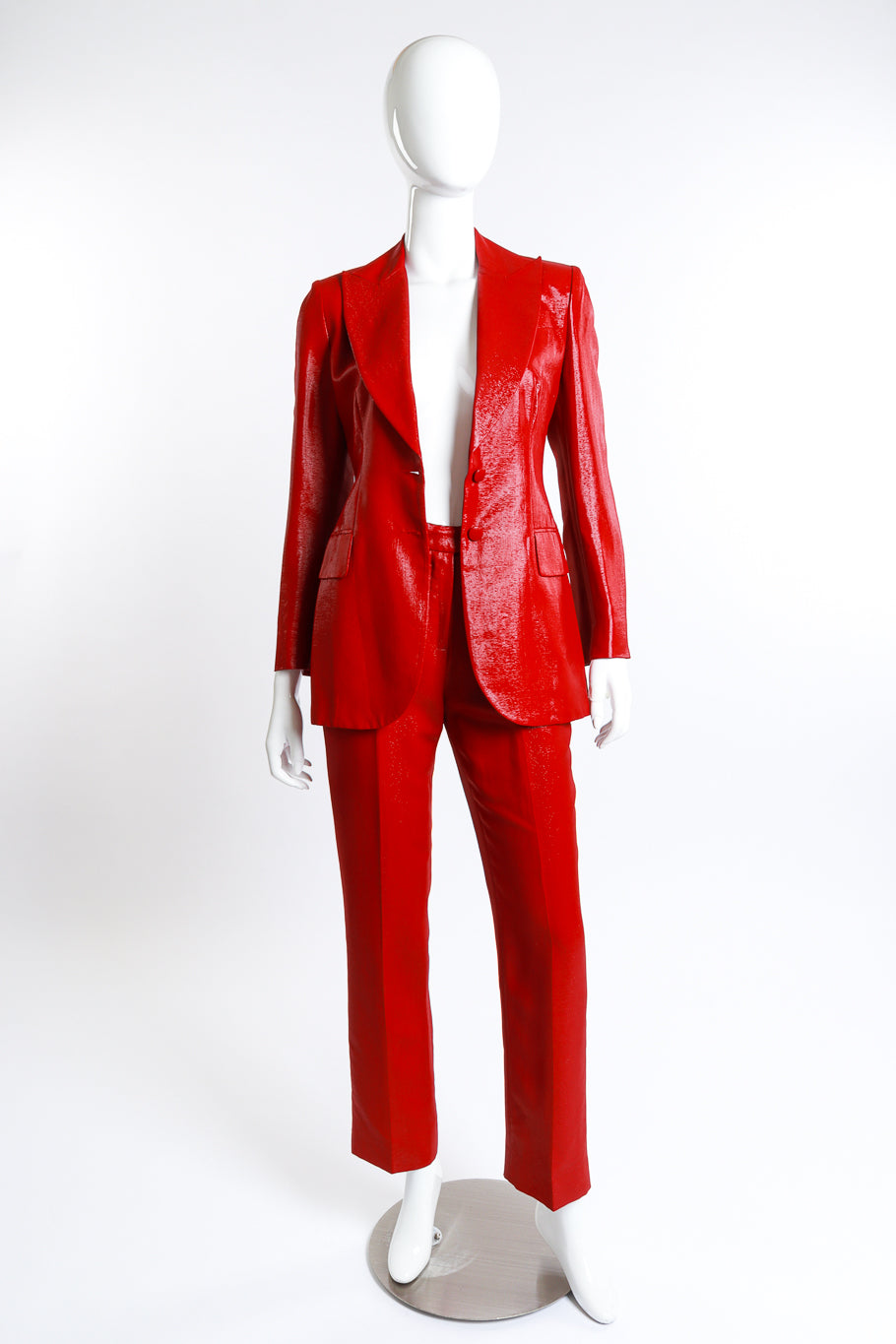 Vintage Plein Sud metallic tailored blazer and trouser suit front open on mannequin @Recess LA