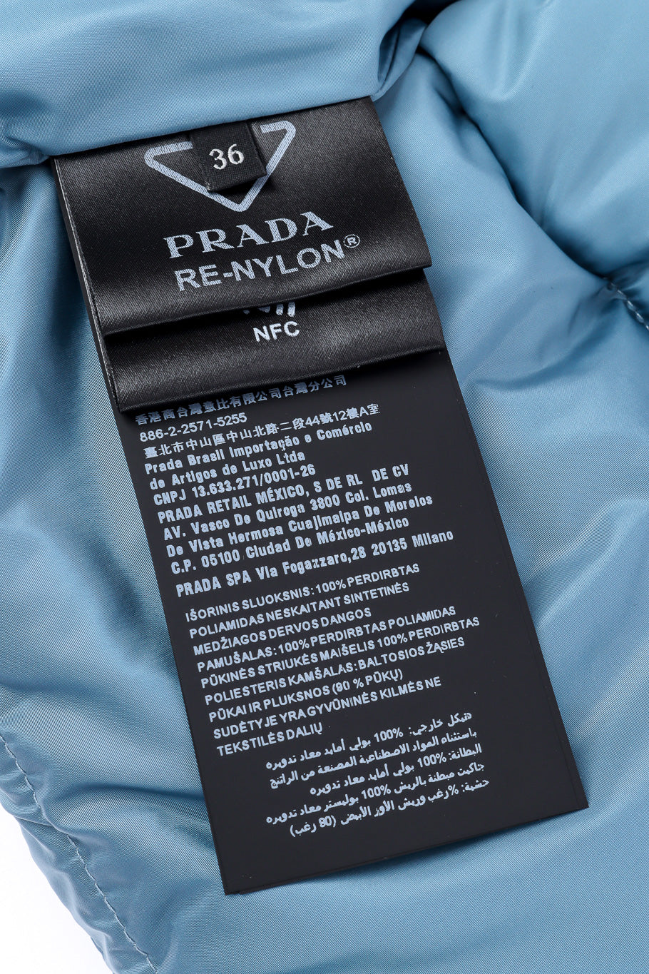 Prada Re-nylon Cropped Puffer Vest size and fabric content label closeup @Recessla
