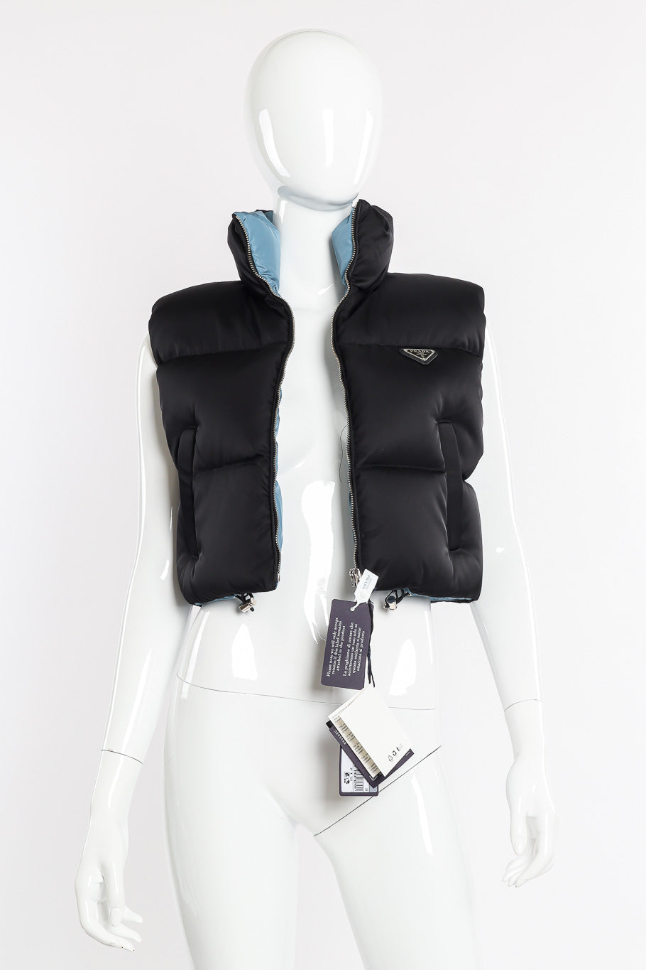Prada Re-nylon Cropped Puffer Vest front view on mannequin @Recessla