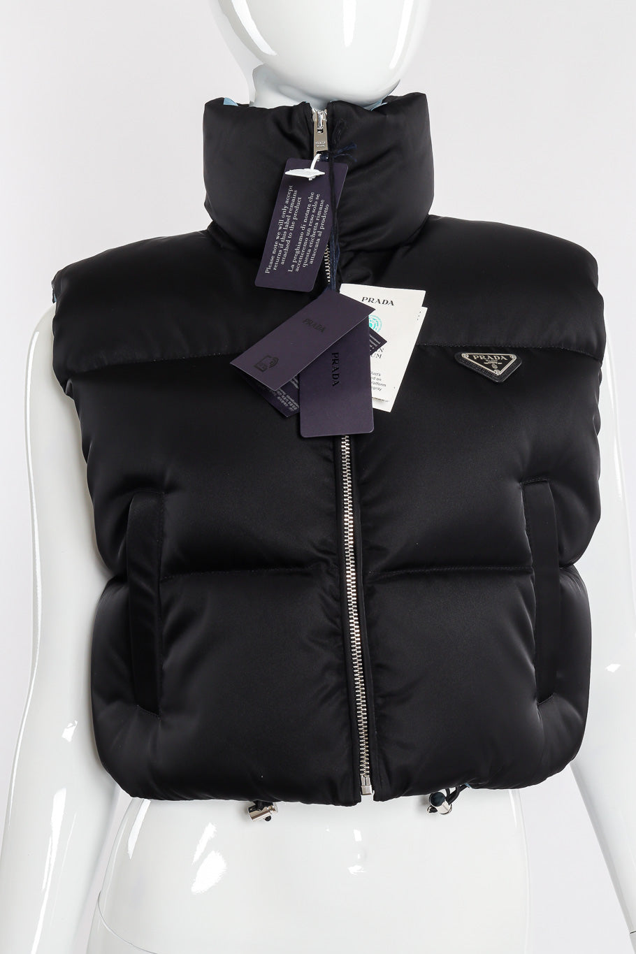 Prada Re-nylon Cropped Puffer Vest front view on mannequin closeup @Recessla