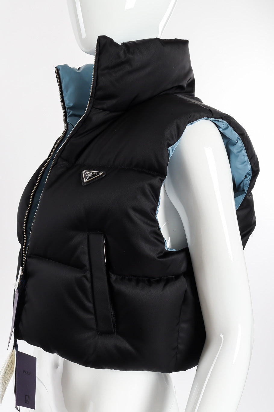 Prada Re-nylon Cropped Puffer Vest 3/4 view on mannequin @Recessla