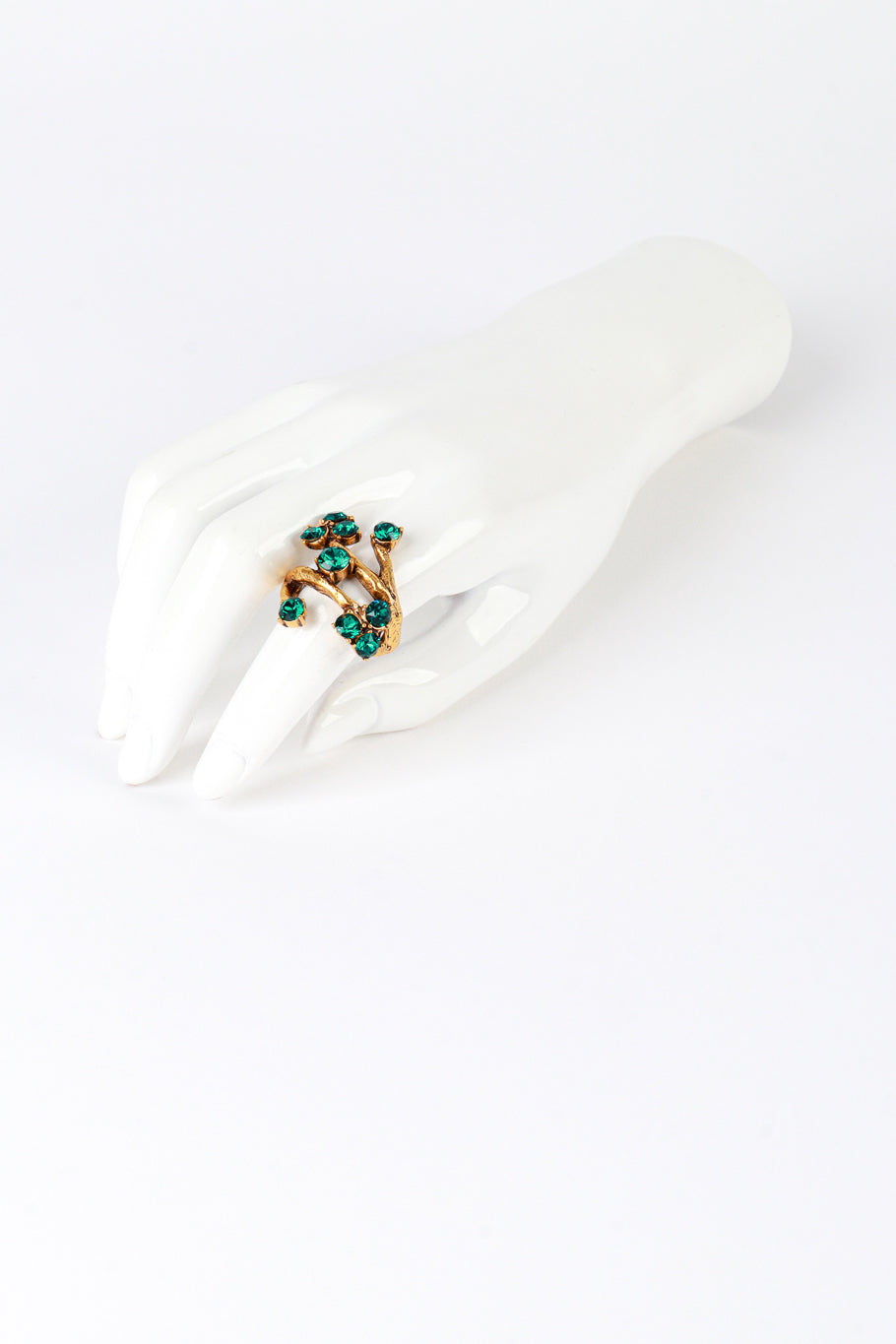 Vintage Oscar de la Renta Emerald Crystal Branch Wrap Ring on mannequin @recess la