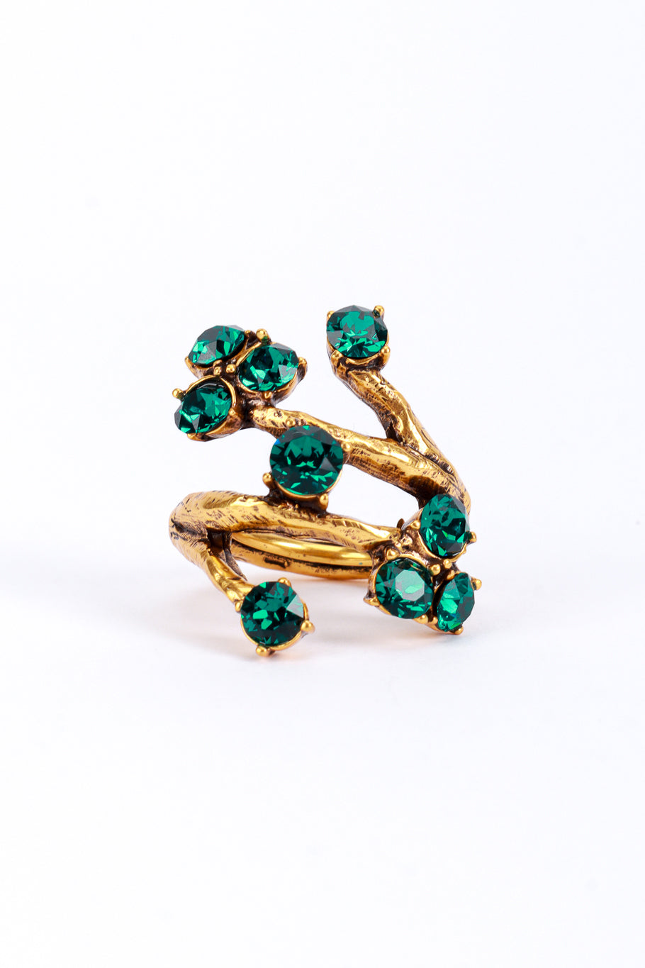 Vintage Oscar de la Renta Emerald Crystal Branch Wrap Ring front @recess la