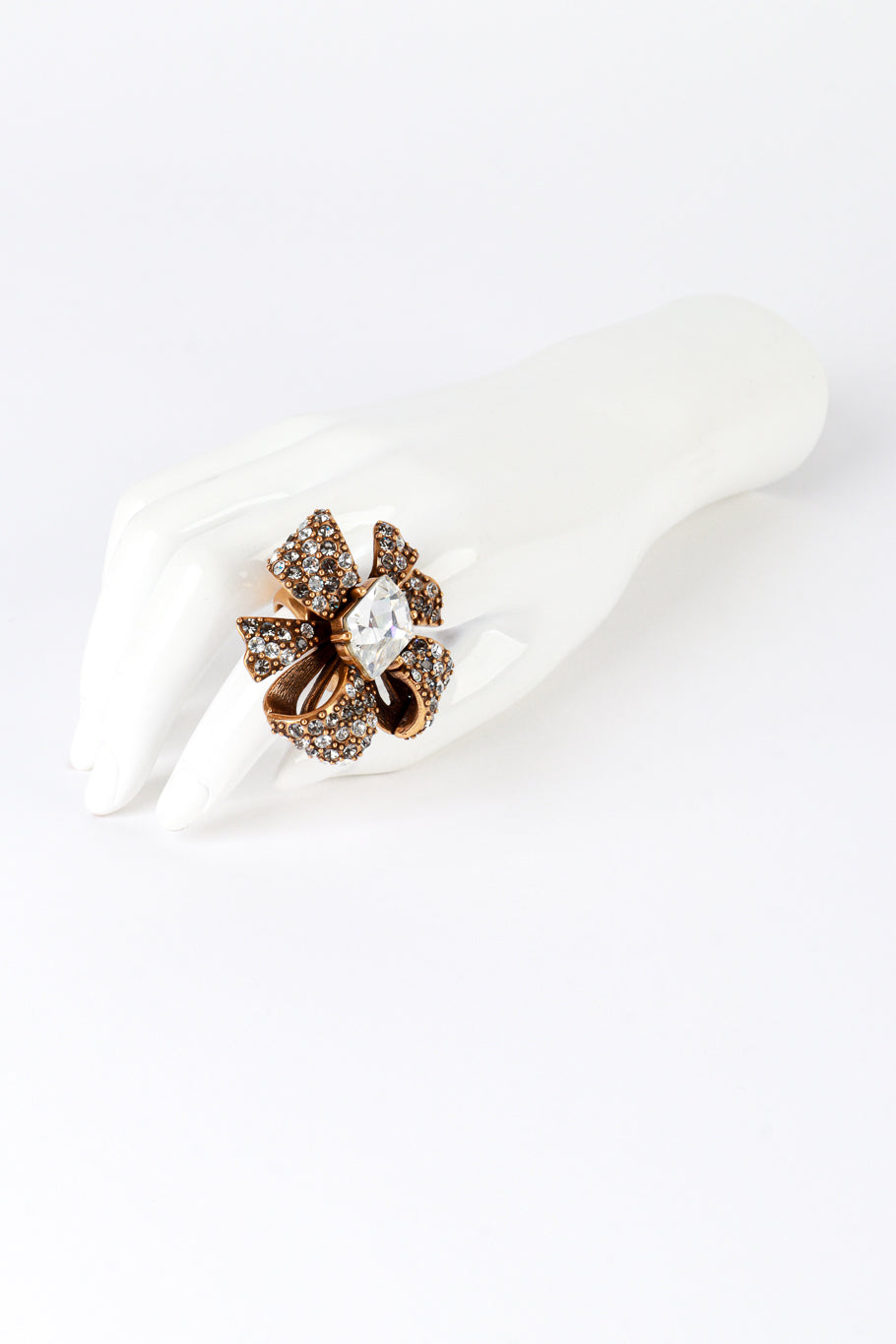 Vintage Oscar de la Renta Two-Tone Crystal Pinwheel Bow Ring on mannequin @recess la