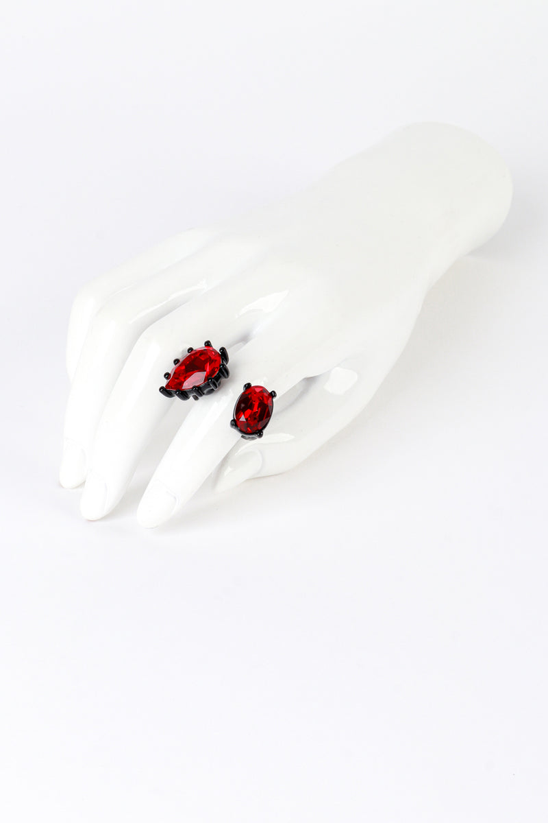 Vintage Oscar de la Renta Enamel Ruby Crystal Open Ring on mannequin hand @recess la