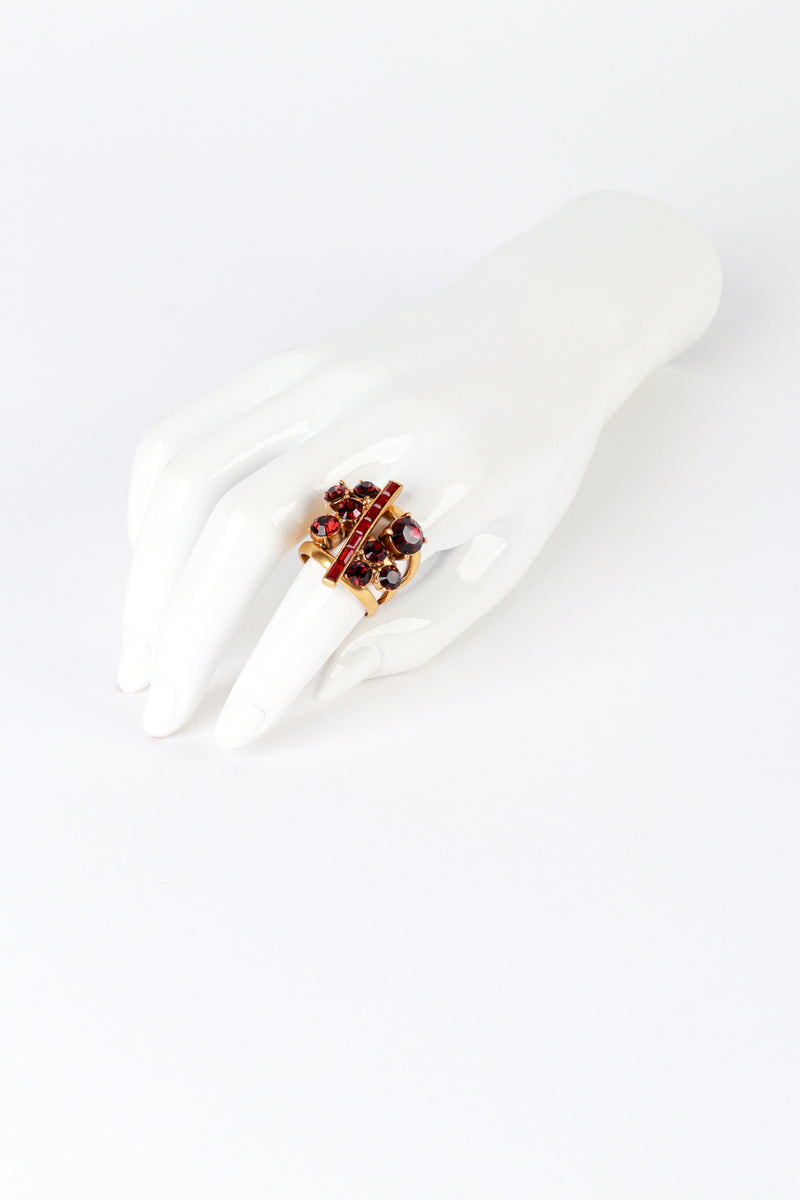 Vintage Oscar de la Renta Garnet & Ruby Crystal Split Shank Ring on mannequin hand @recess la