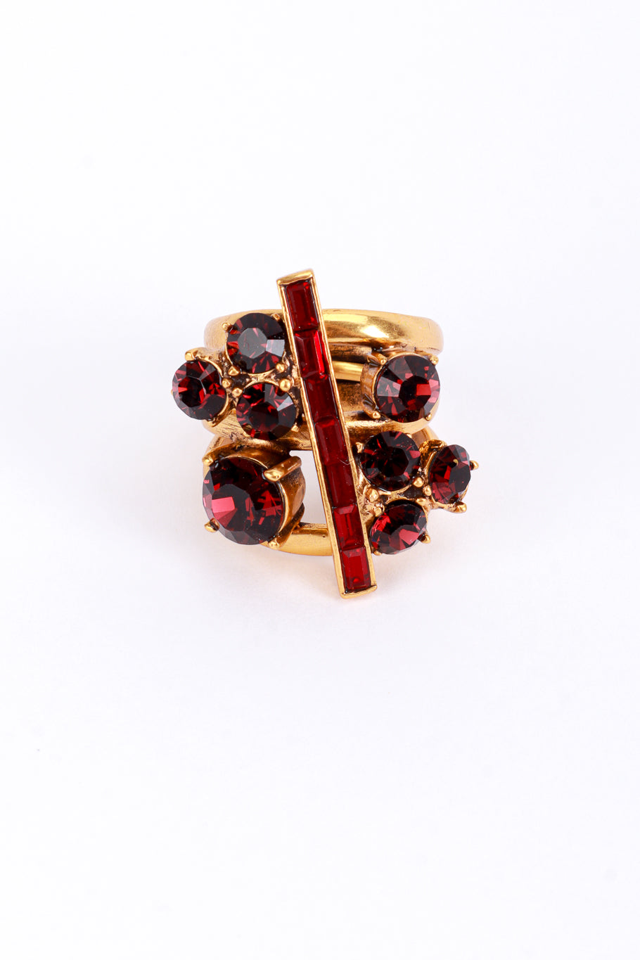 Vintage Oscar de la Renta Garnet & Ruby Crystal Split Shank Ring front @recess la