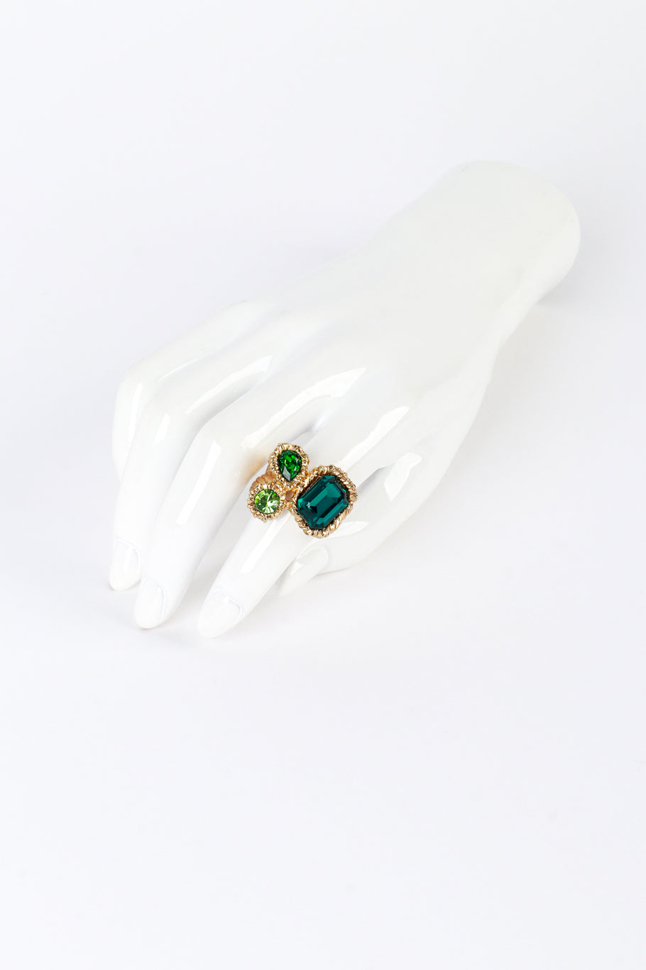 Vintage Oscar de la Renta Greens Mixed Cut Crystal Ring on mannequin hand @recess la