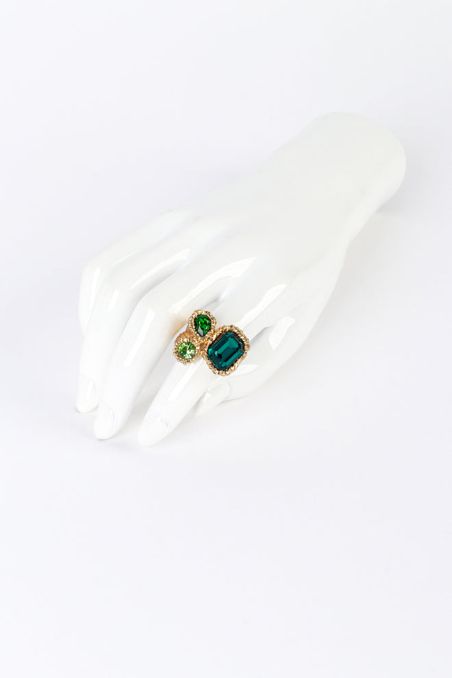 Vintage Oscar de la Renta Greens Mixed Cut Crystal Ring on mannequin hand @recess la