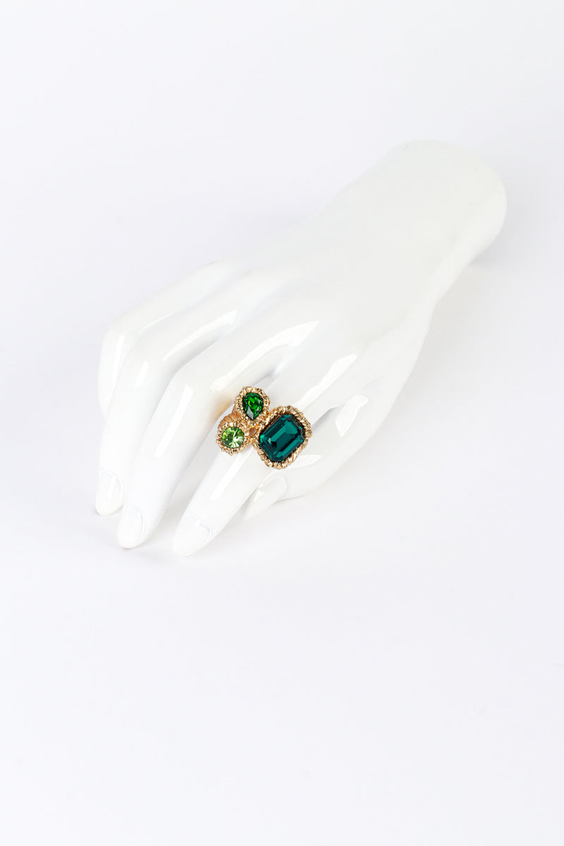 Vintage Oscar de la Renta Greens Mixed Cut Crystal Ring on mannequin hand @recess la