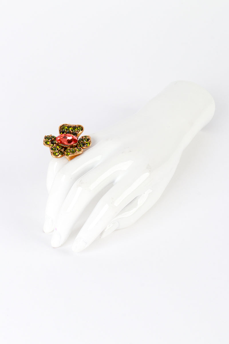 Vintage Oscar de la Renta Peridot Blooms Crystal Cocktail Ring on mannequin hand @recess la