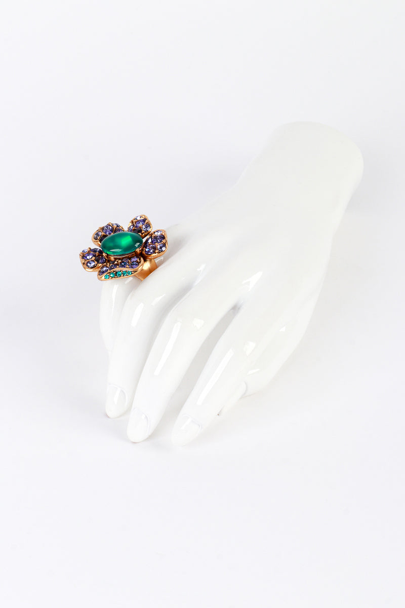 Vintage Oscar de la Renta Violet Blooms Crystal Cocktail Ring on mannequin hand @recess la