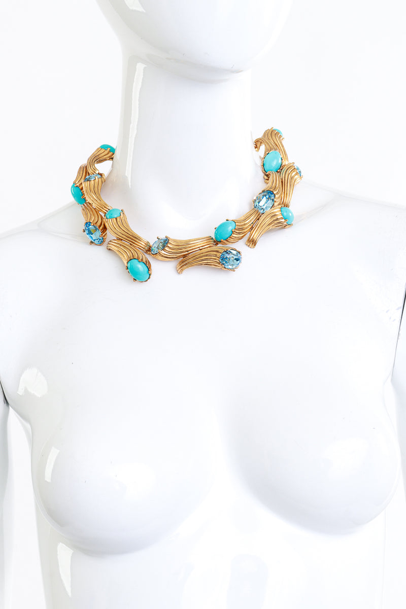 Vintage Kenneth Jay Lane Turquoise & Crystal Cornucopia Collar Necklace on mannequin @recess la