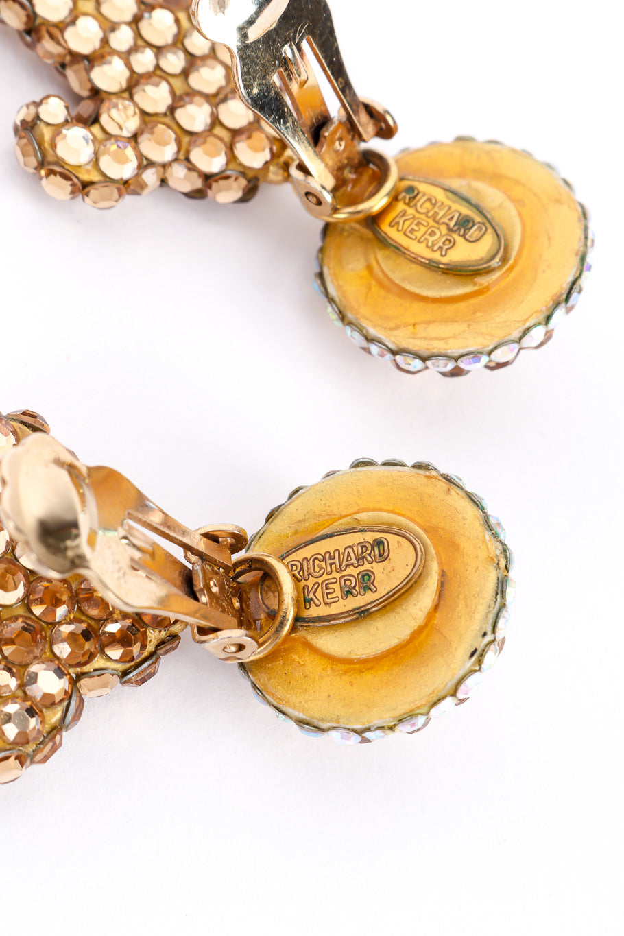 Vintage Richard Kerr Crystal Anchor Drop Earrings view of signature cartouche and light tarnish closeup @Recessla