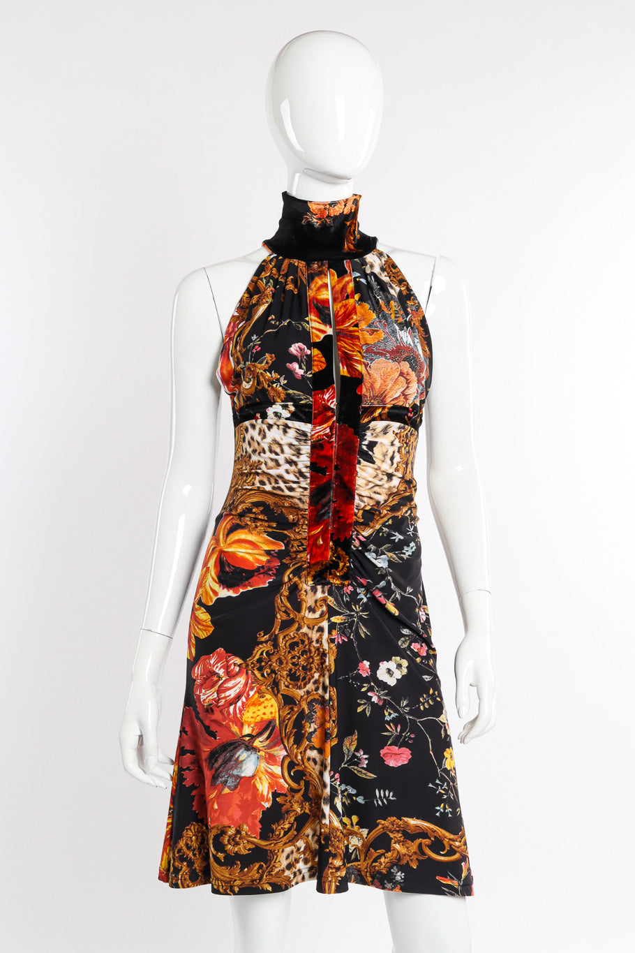 Floral Leopard Filigree Mock Neck Dress by Roberto Cavalli on mannequin  @recessla