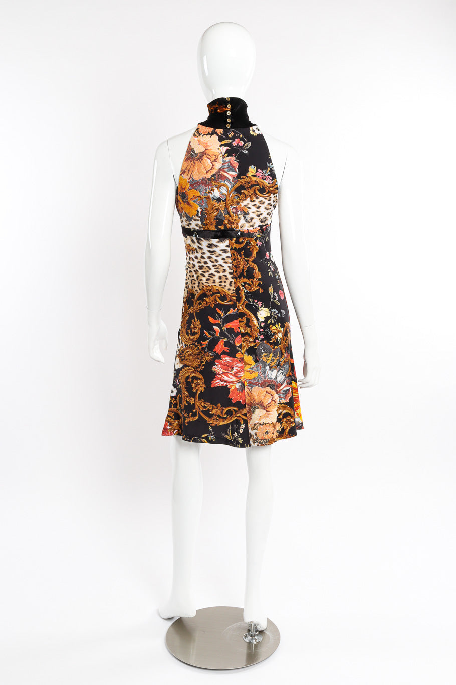 Floral Leopard Filigree Mock Neck Dress by Roberto Cavalli on mannequin back @recessla