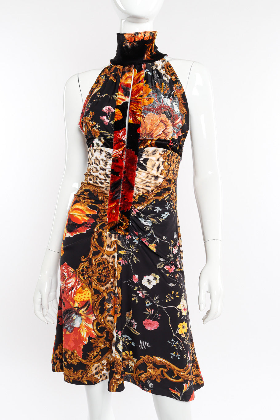 Floral Leopard Filigree Mock Neck Dress by Roberto Cavalli on mannequin close angle @recessla