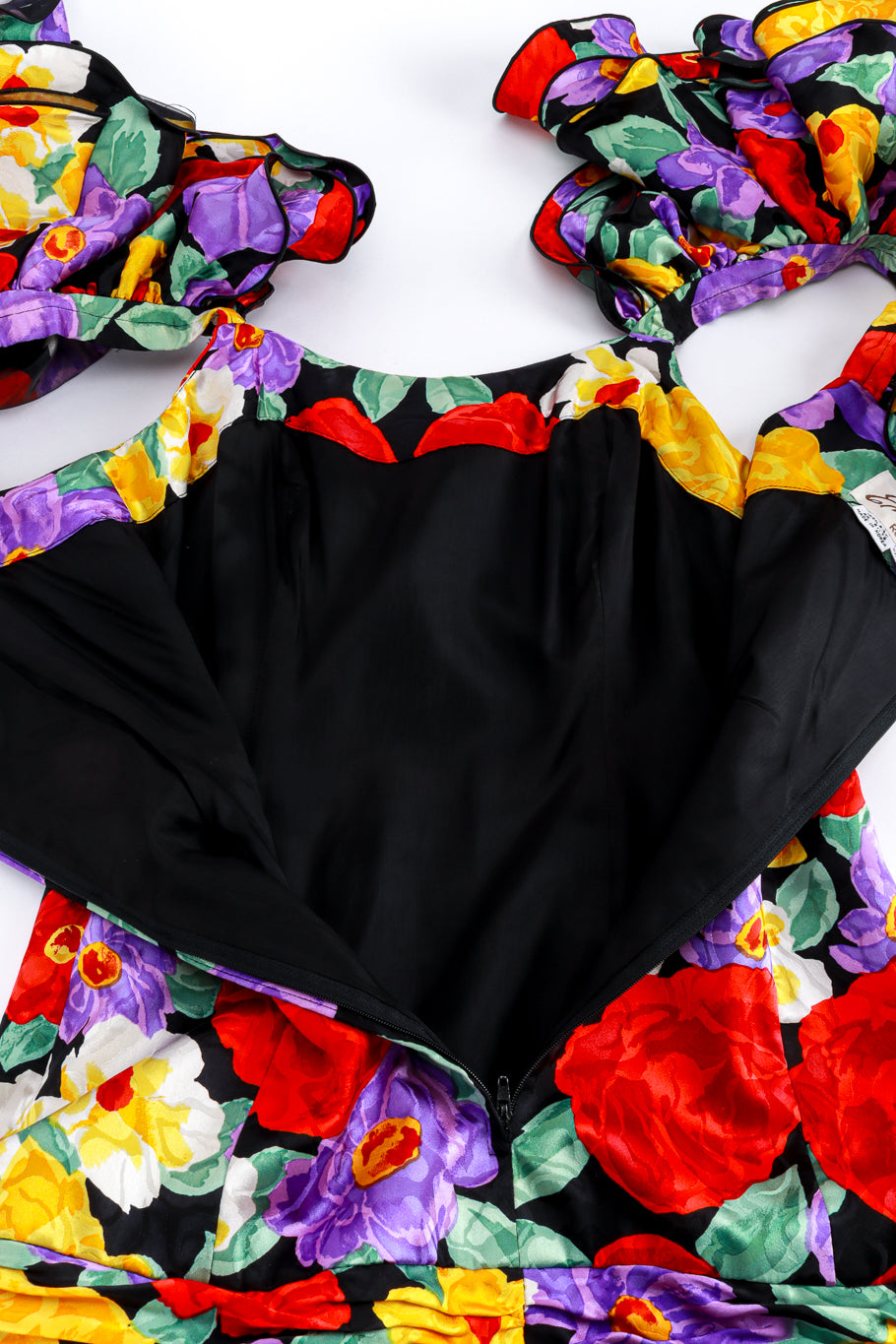 Vintage Raul Blanco Ruched Floral Ruffle Dress back unzipped @recess la