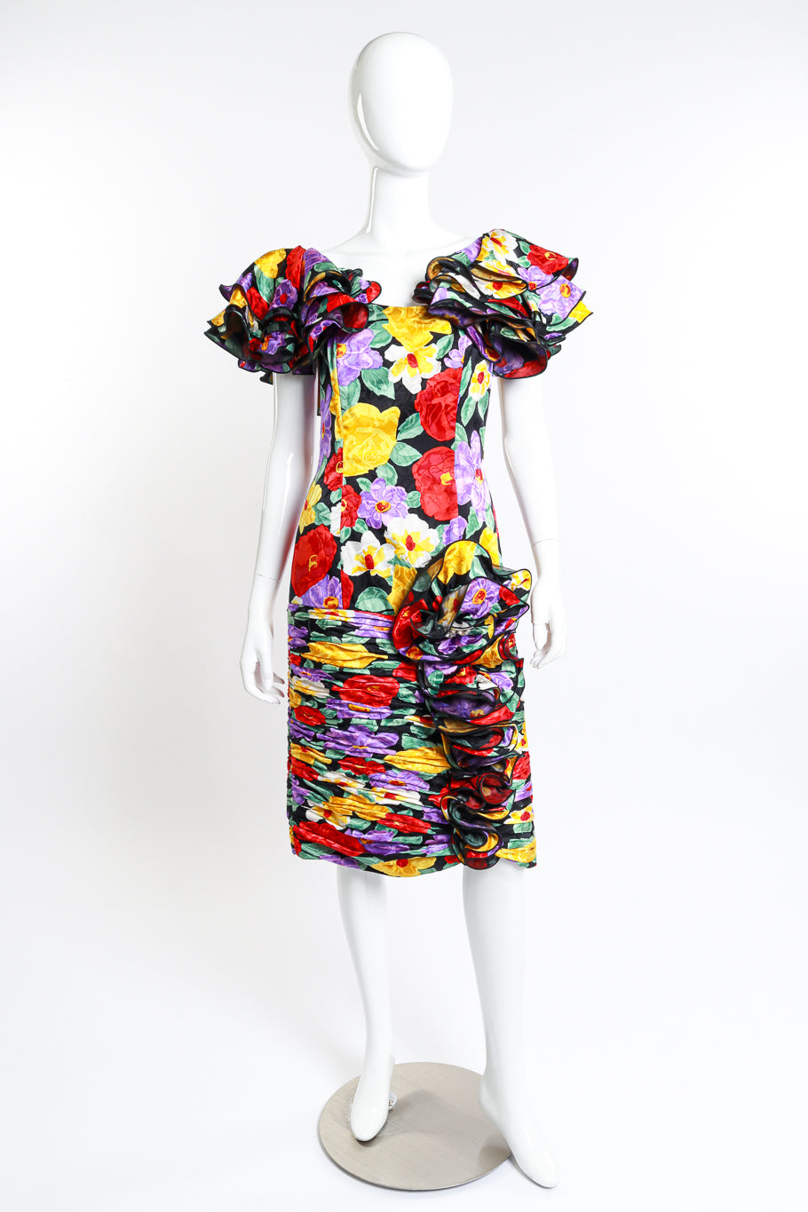 Vintage Raul Blanco Ruched Floral Ruffle Dress front on mannequin @recess la