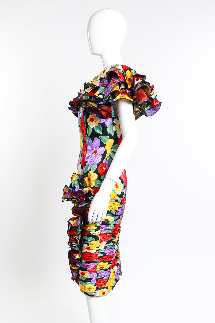 Vintage Raul Blanco Ruched Floral Ruffle Dress side on mannequin closeup @recess la