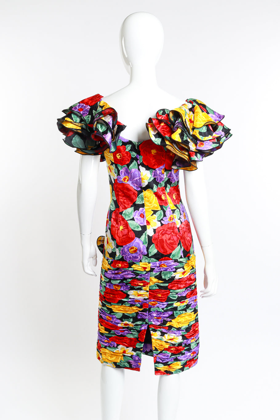 Vintage Raul Blanco Ruched Floral Ruffle Dress back on mannequin closeup @recess la