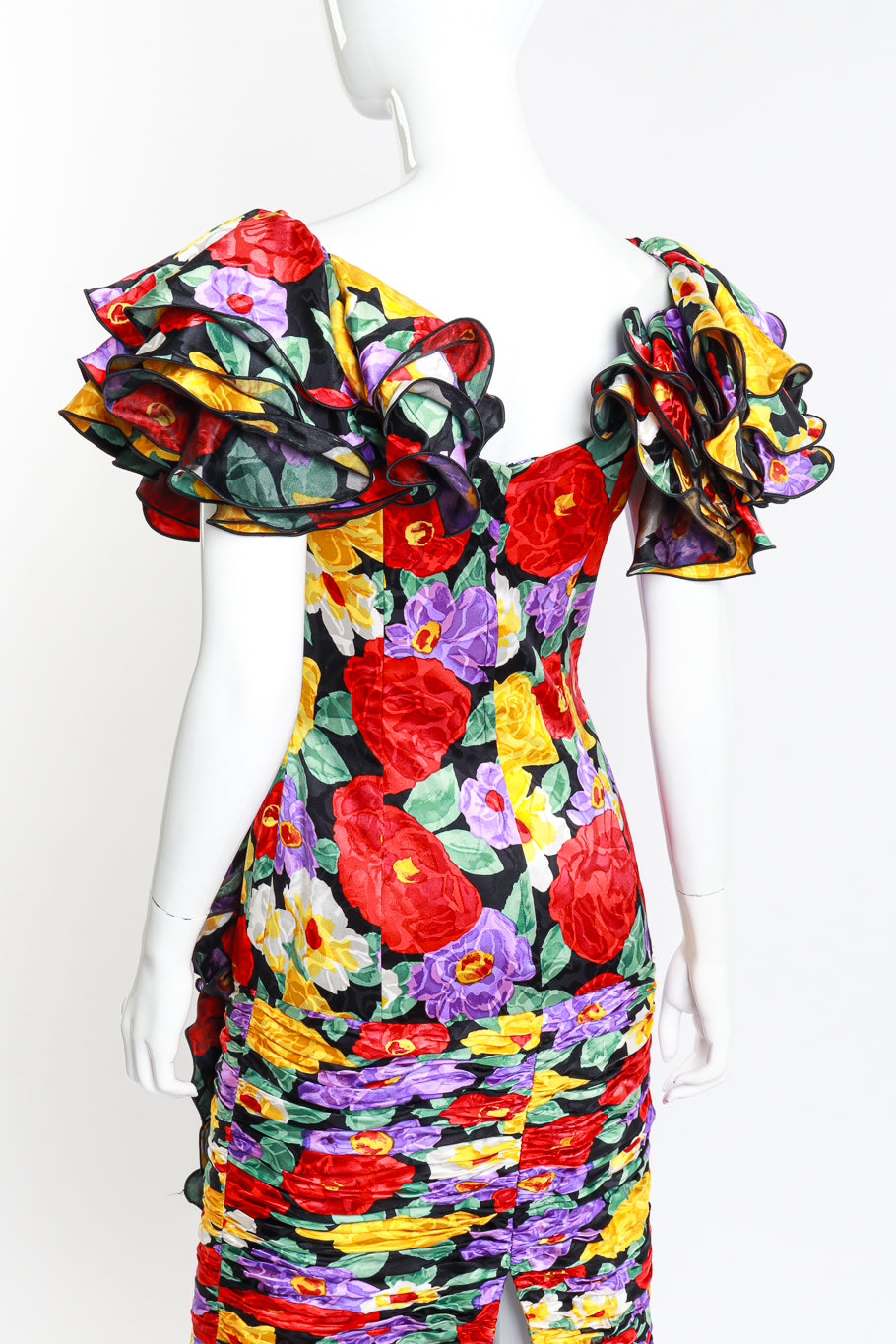 Vintage Raul Blanco Ruched Floral Ruffle Dress 3/4 back on mannequin closeup @recess la
