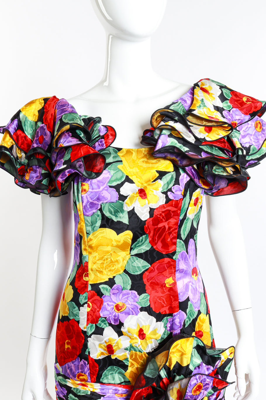 Vintage Raul Blanco Ruched Floral Ruffle Dress front on mannequin closeup @recess la