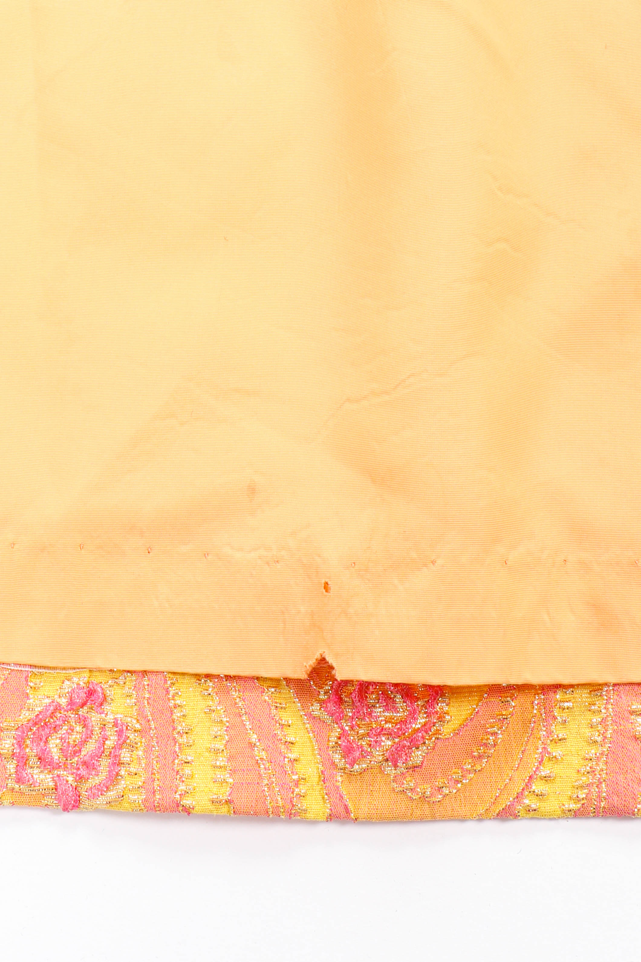 Vintage Sandine Originals Brocade Hostess Vest tear and hole at hem closeup @recessla