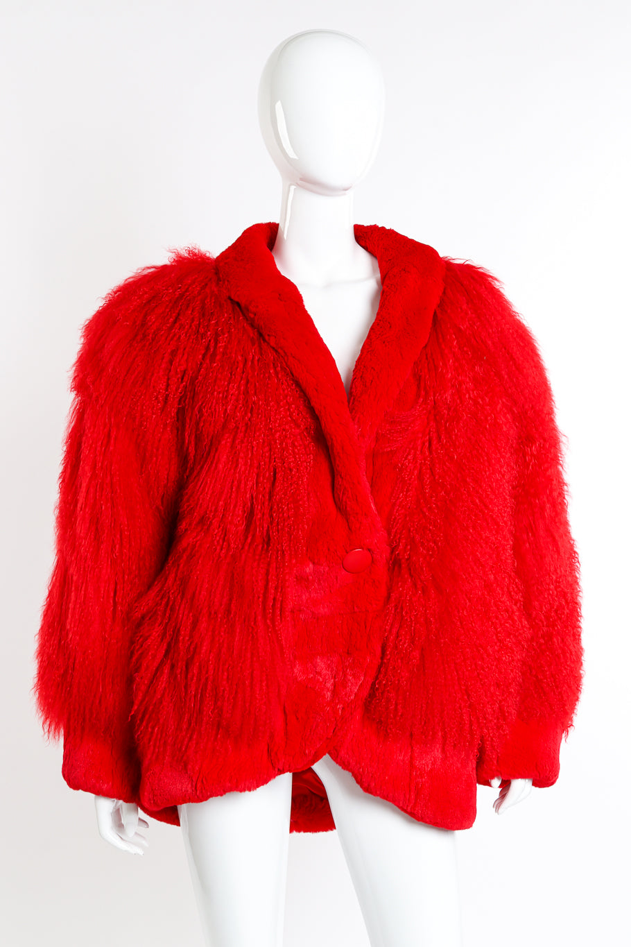 Vintage Red Mongolian Fur Jacket front on mannequin @recessla 