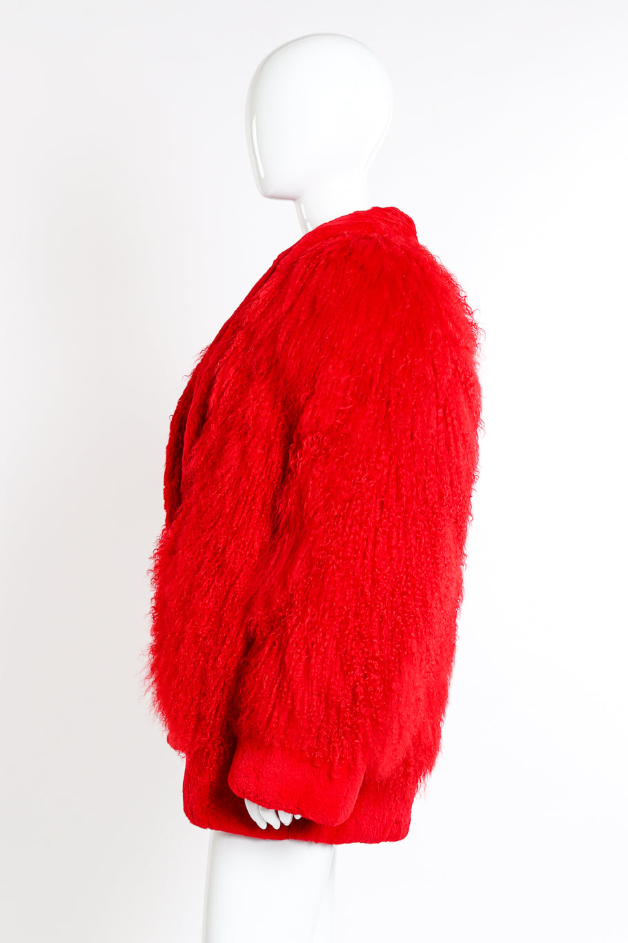 Vintage Red Mongolian Fur Jacket side on mannequin @recessla