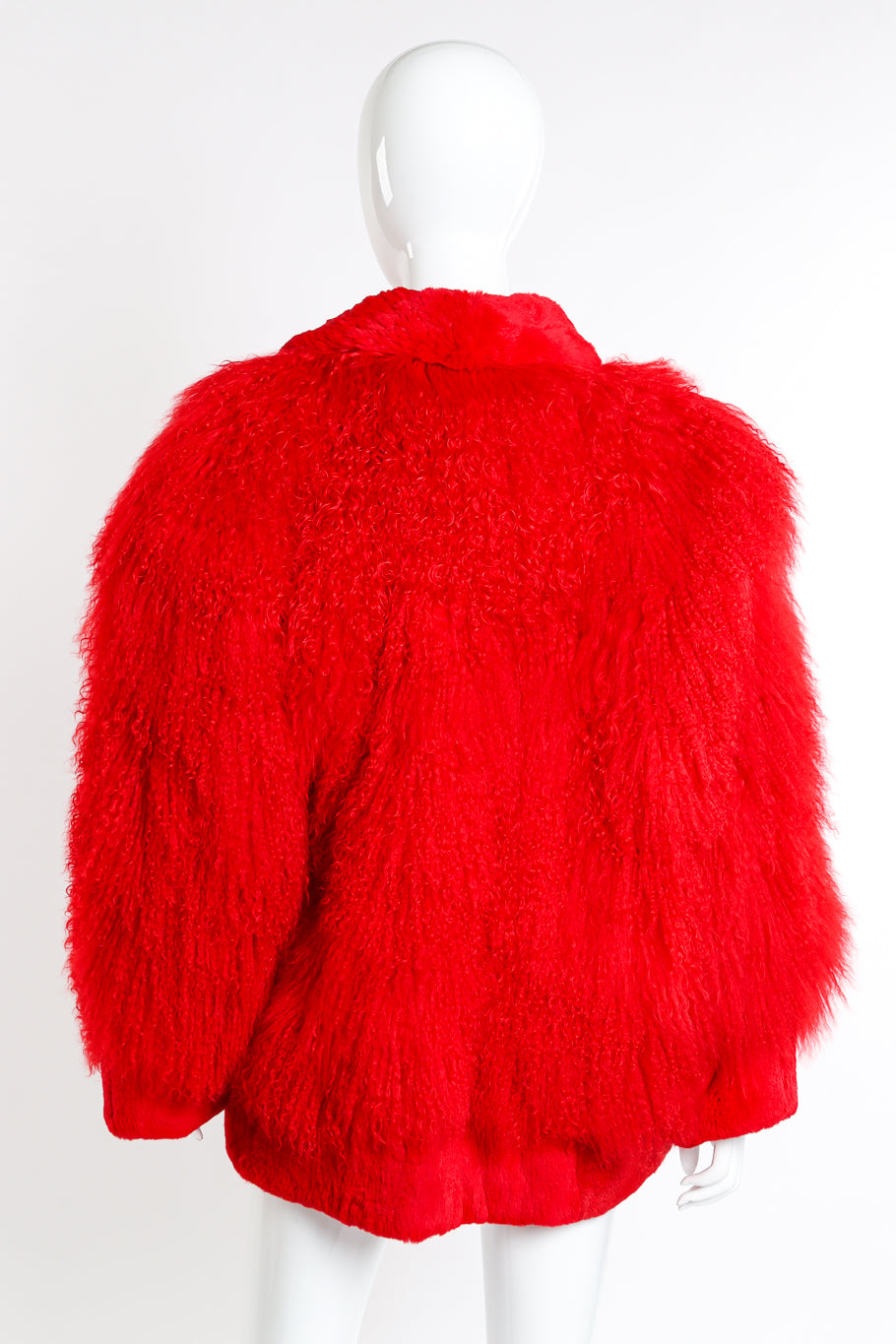 Vintage Red Mongolian Fur Jacket back on mannequin @recessla