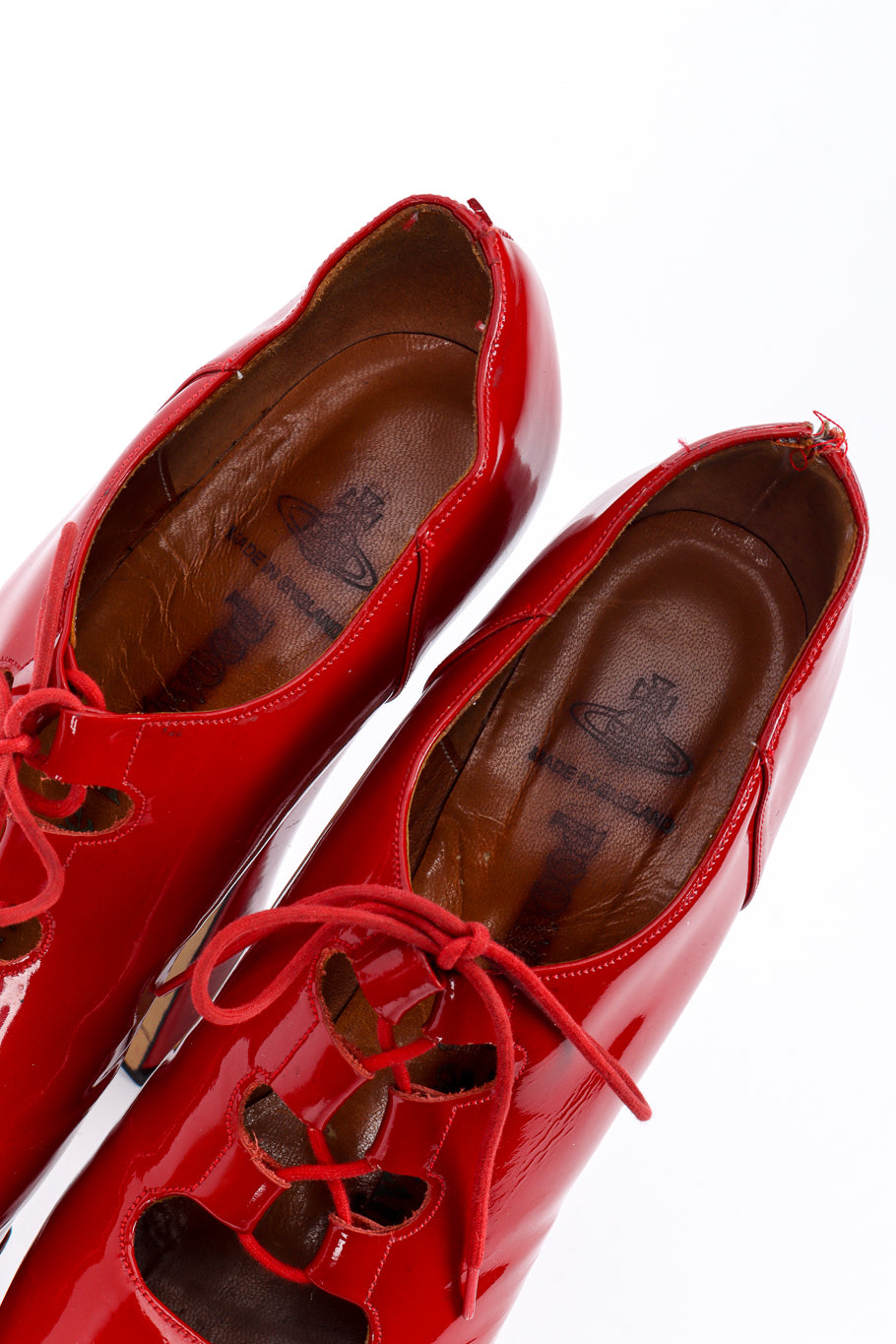 Vintage Vivienne Westwood 1993 F/W Patent Leather Super Elevated Ghillie Platforms branded soles @recessla