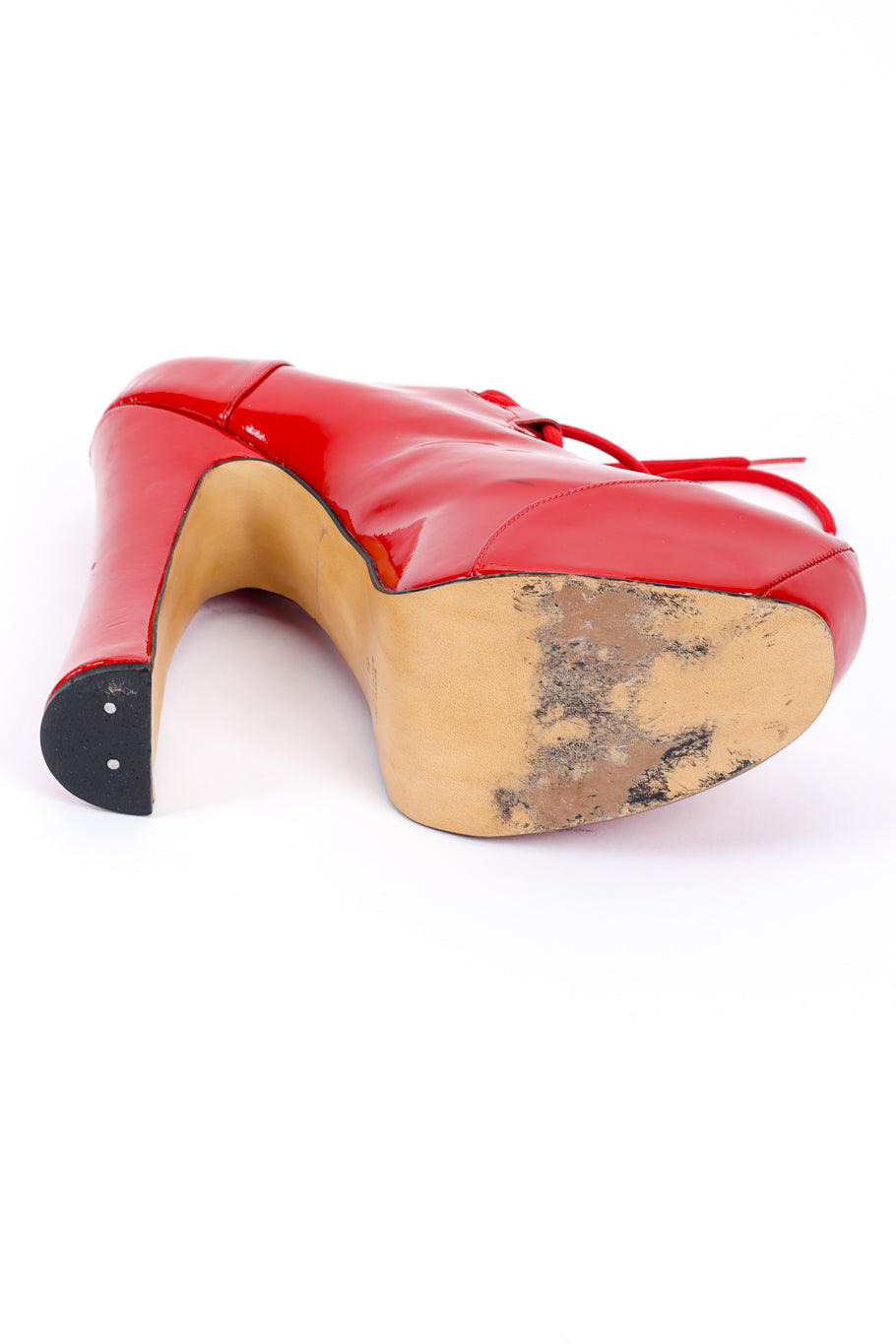Vintage Vivienne Westwood Patent Leather Elevated Ghillie Platforms left shoe outsole @recessla