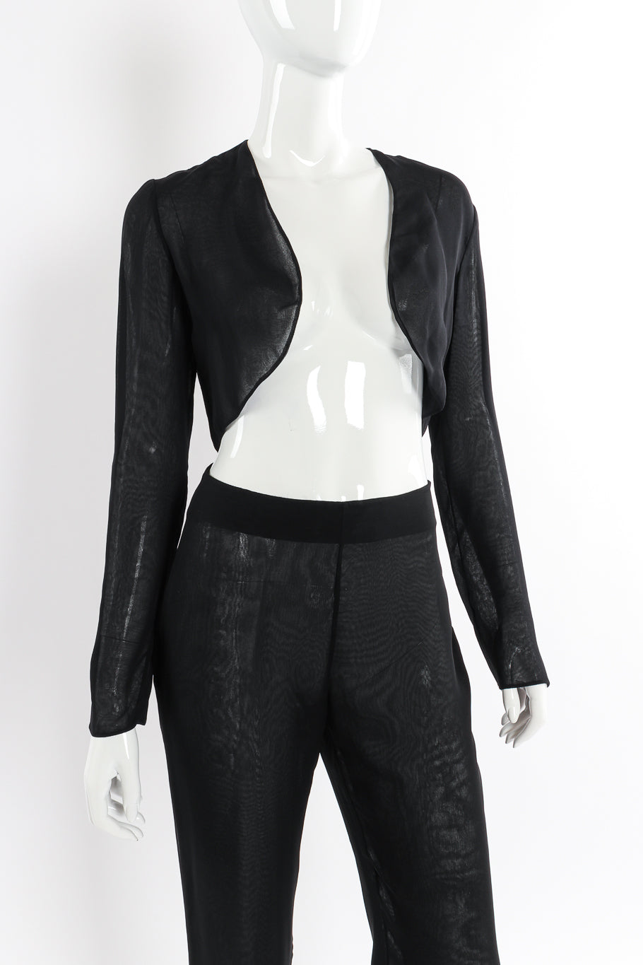 Vintage Richard Tyler Silk Bolero Top and Pants Set front view on mannequin closeup @Recessla