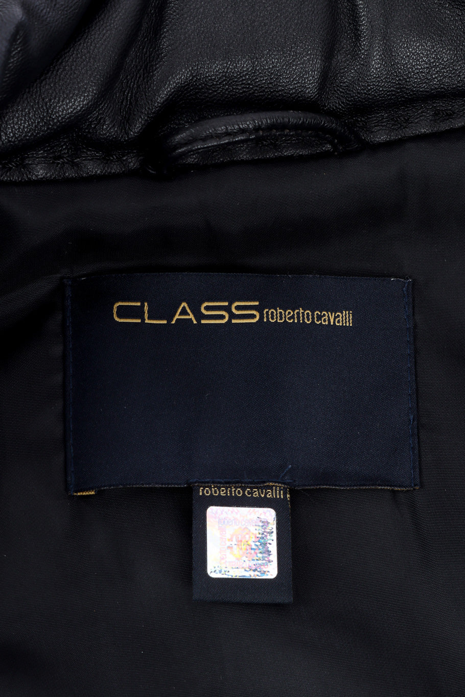 Class Roberto Cavalli Studded Leather Trench Coat signature label closeup @recessla
