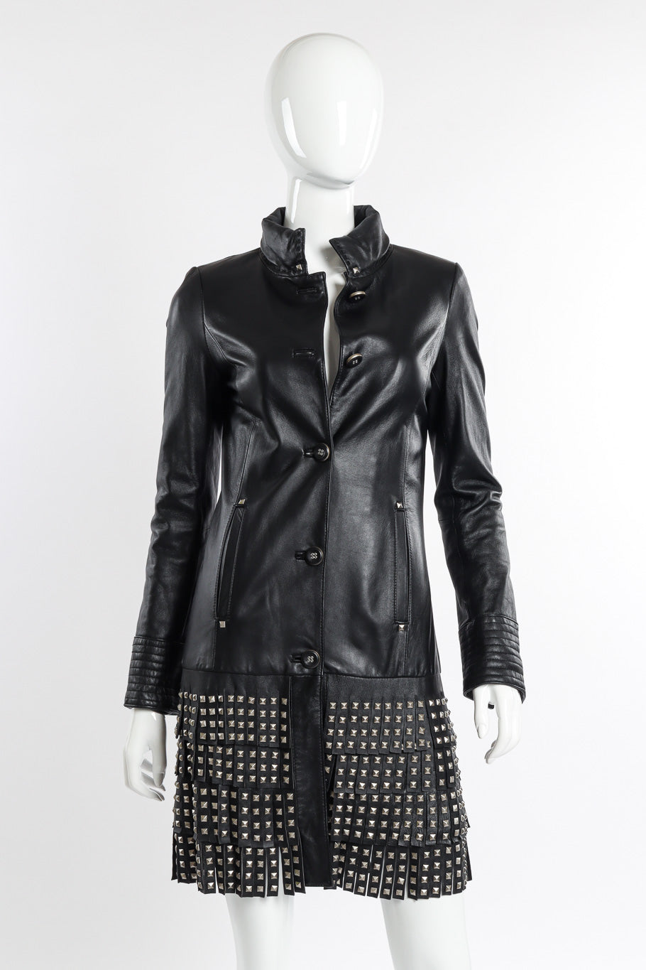 Class Roberto Cavalli Studded Leather Trench Coat front view on mannequin closeup @recessla