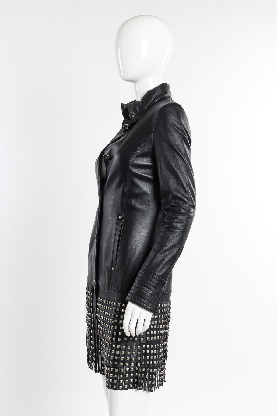 Class Roberto Cavalli Studded Leather Trench Coat side view on mannequin @recessla