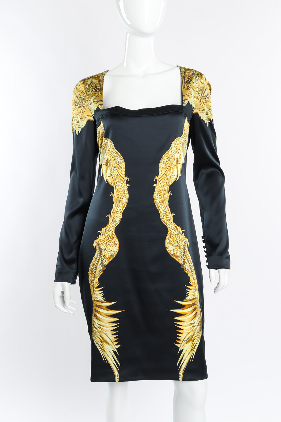 Roberto Cavalli Baroque Wings Graphic Silk Dress front view closeup on mannequin @Recessla