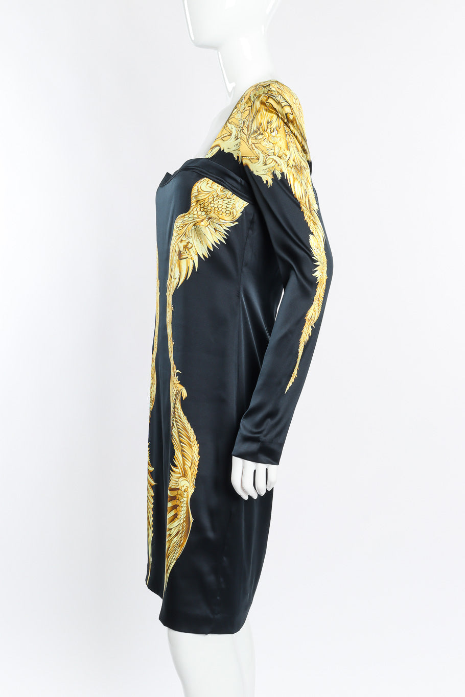 Roberto Cavalli Baroque Wings Graphic Silk Dress side view on mannequin @Recessla