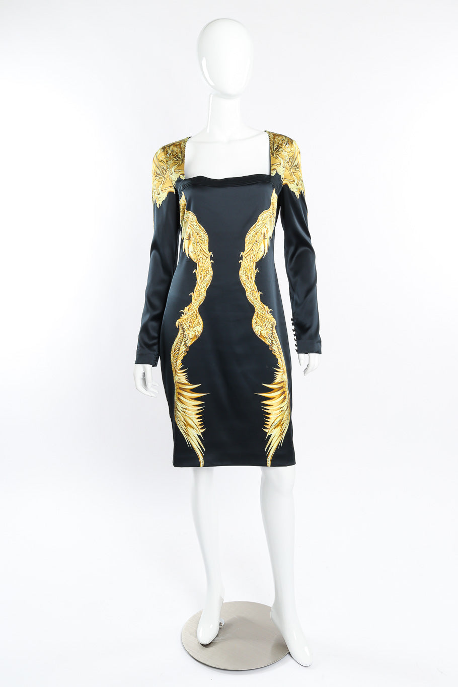 Roberto Cavalli Baroque Wings Graphic Silk Dress front view on mannequin @Recessla