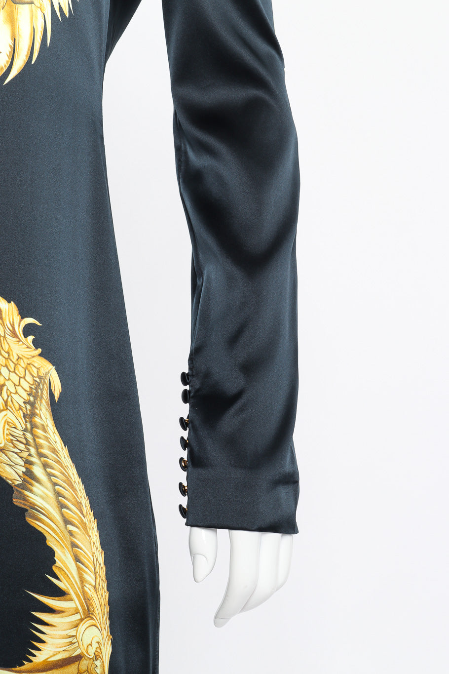 Roberto Cavalli Baroque Wings Graphic Silk Dress sleeve closeup on mannequin @Recessla