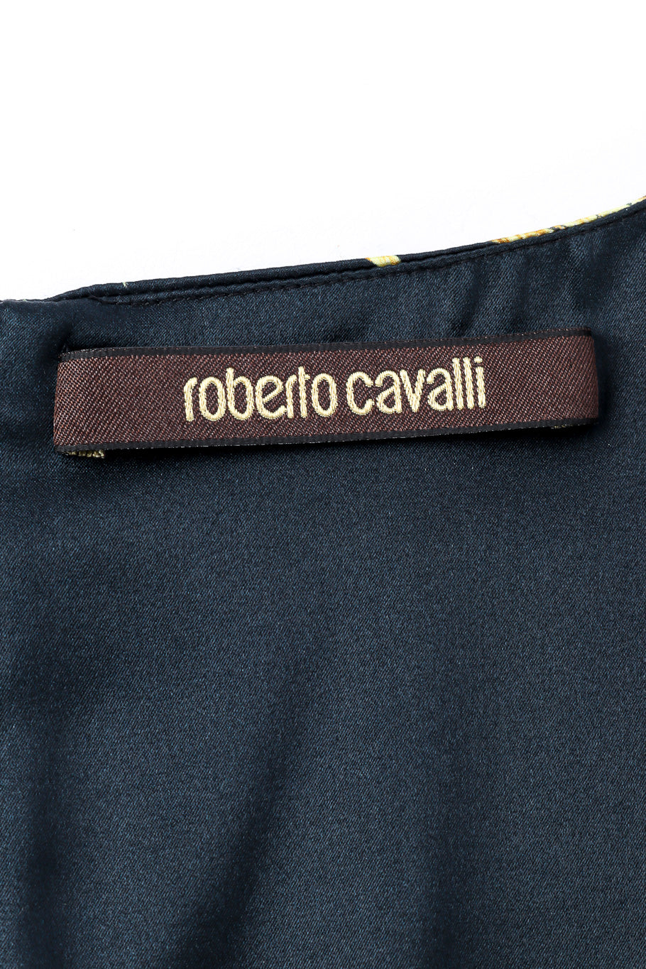 Roberto Cavalli Filigree Wings Graphic Silk Dress label closeup @Recessla