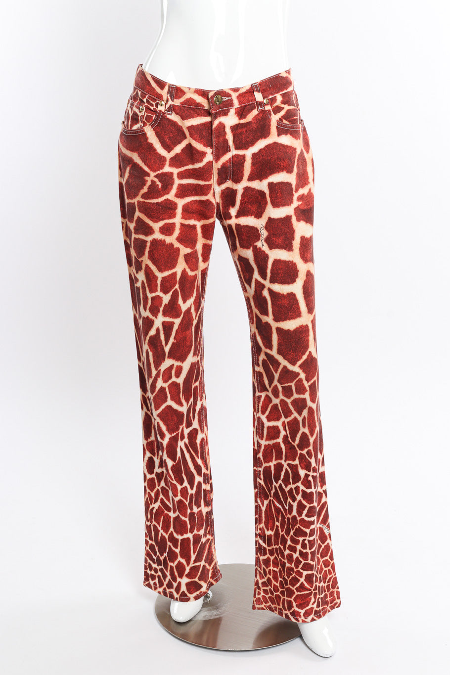 Vintage Roberto Cavalli Giraffe Print Flare Jeans front view on mannequin @Recessla