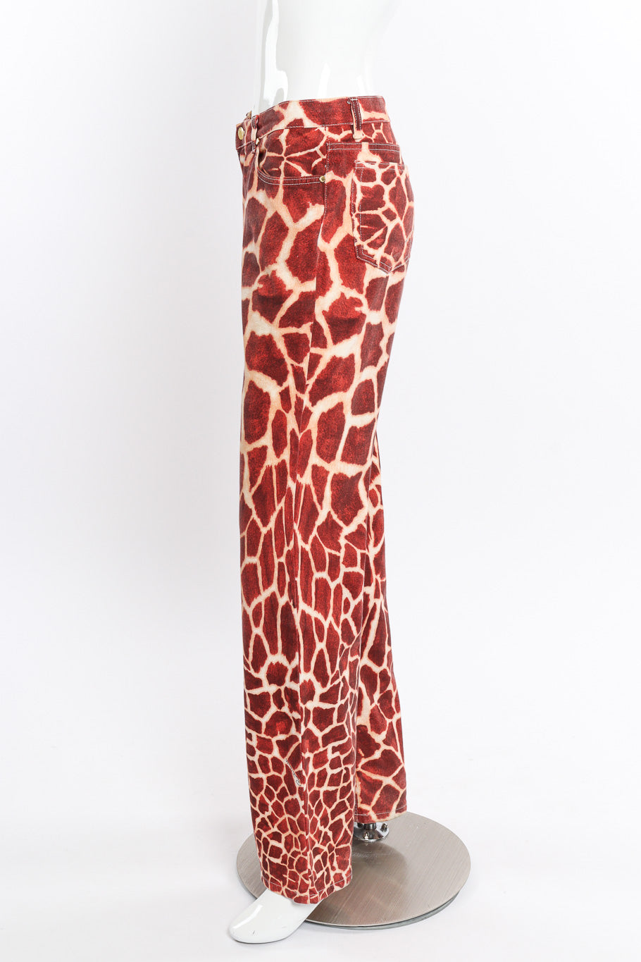 Vintage Roberto Cavalli Giraffe Print Flare Jeans side view on mannequin @Recessla
