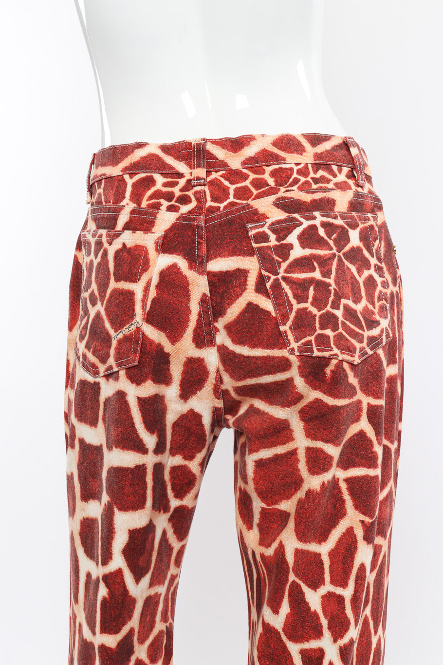 Vintage Roberto Cavalli Giraffe Print Flare Jeans back view on mannequin closeup of waist @Recessla