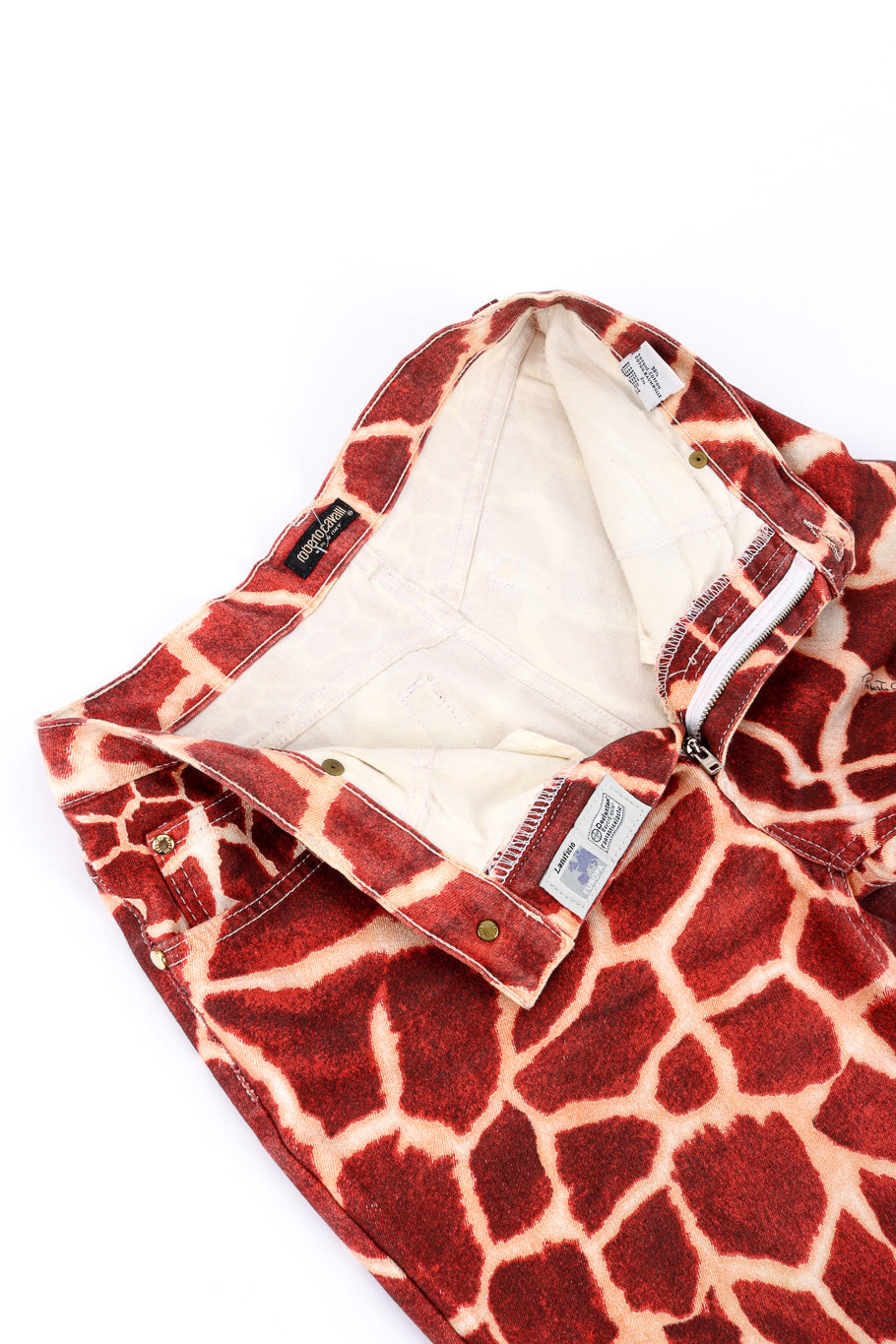 Vintage Roberto Cavalli Giraffe Print Flare Jeans unzipped with view of lining at waist @Recessla