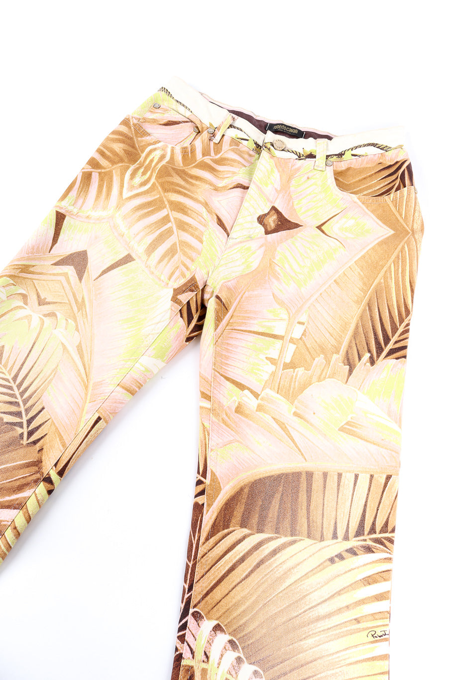 Palm print jeans by Roberto Cavalli flat lay front @recessla
